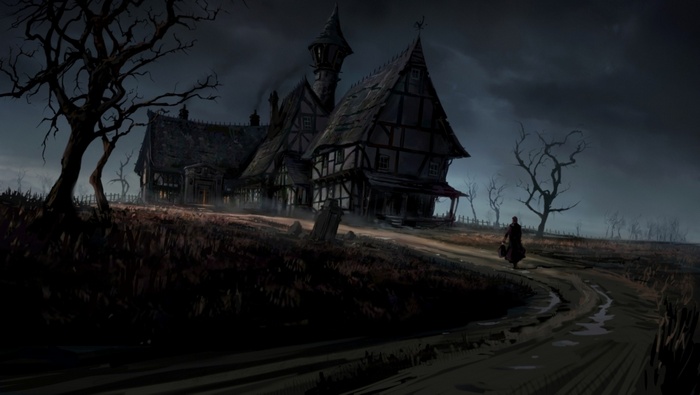 Dark fantasy artwork of a haunted house and a lone traveler