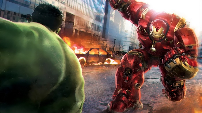 Hulk and Iron Man in the Hulkbuster armor fight