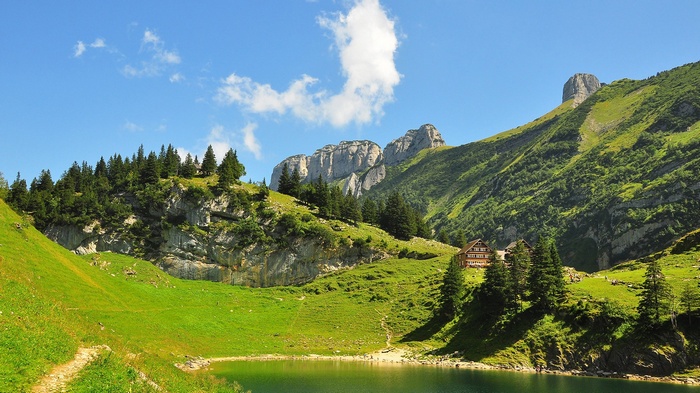 Lake and house in the Swiss Alps with mountains