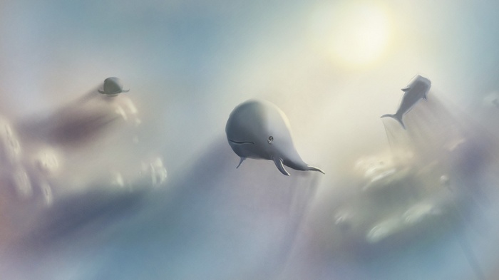 Whales and a hat flying through clouds with sunlight