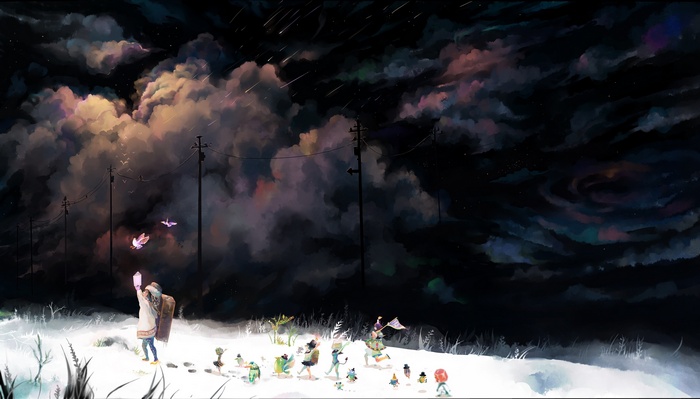 Anime artwork of a snowy night with a girl and birds