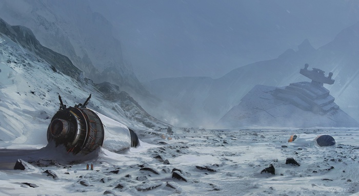 Star Wars concept art of crashed Star Destroyer in snow