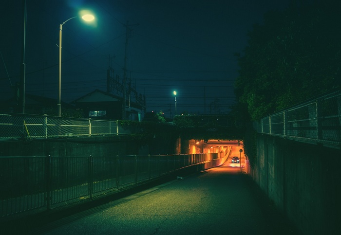 Nighttime street scene in Japan with a car entering a tunnel