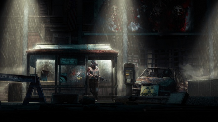 Apocalyptic scene with a lone survivor in the rain