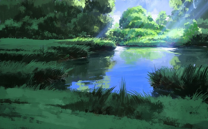 Digital painting of a forest lake with sunlight