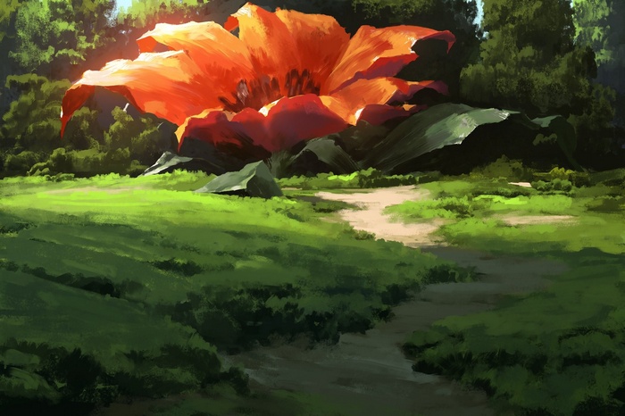 Giant orange flower in a forest clearing