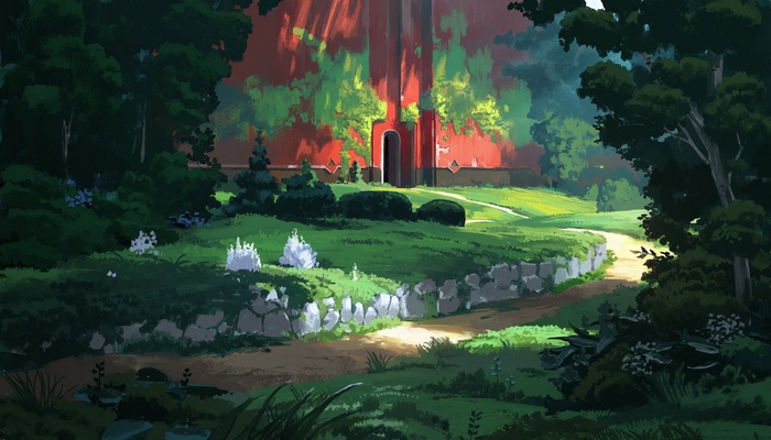 Digital art of a garden path leading to a red structure