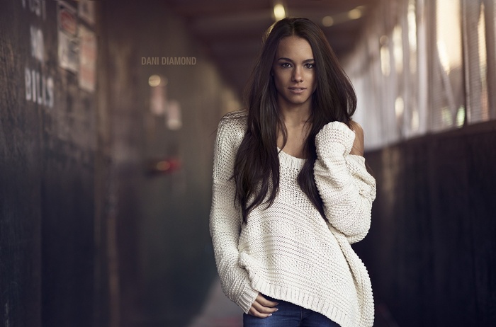 hallway, jeans, long hair, brown eyes, Dani Diamond, white sweater, touching hair, sweater, model, brunette, women