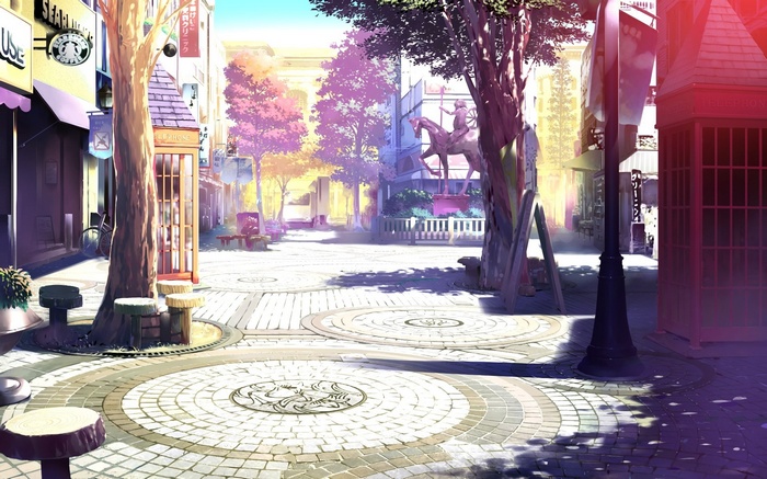 Anime street with Starbucks and a statue