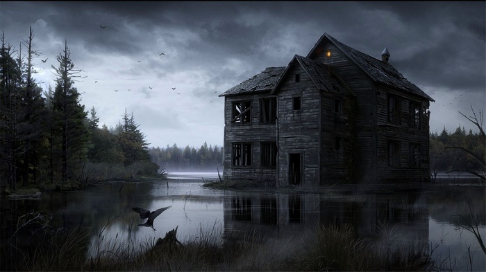 Abandoned house on a dark, misty lake with birds