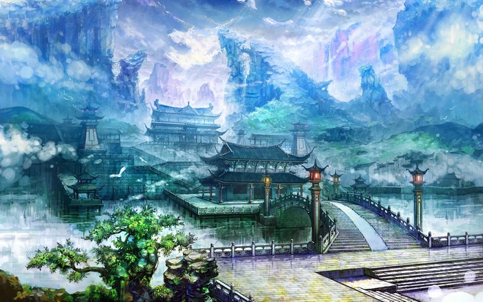 Fantasy Asian landscape with traditional architecture and mountains
