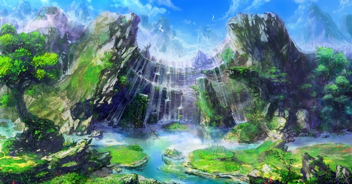 Fantasy landscape with waterfalls and mountains
