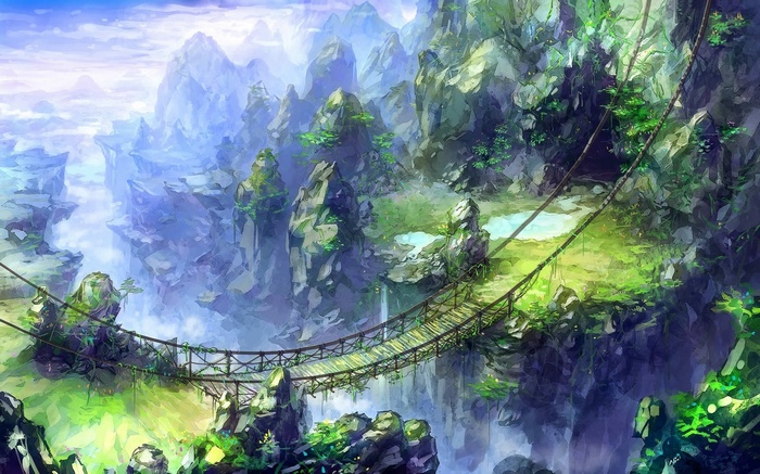 Fantasy mountain landscape with a rope bridge