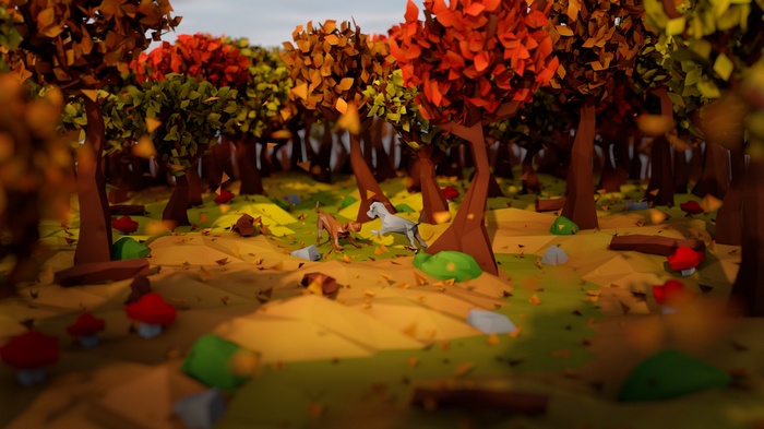 Two dogs playing in a low poly autumn forest