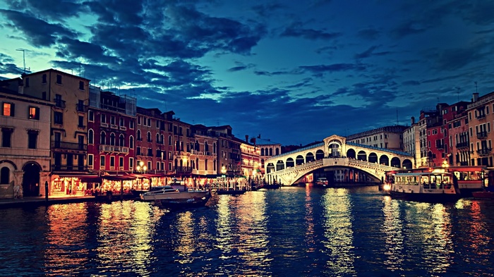Rialto Bridge and Grand Canal in Venice at Night