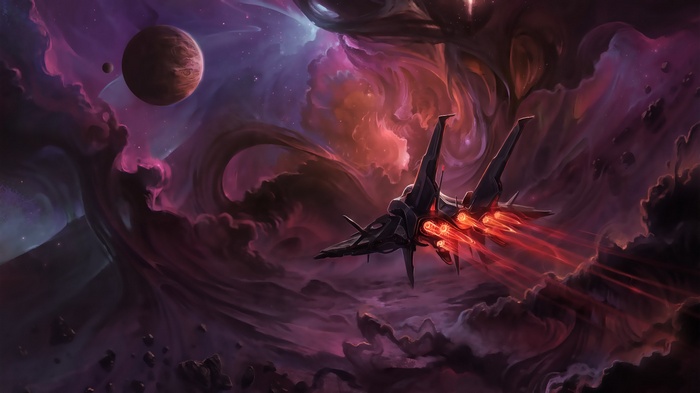 Spaceship flying through a colorful nebula