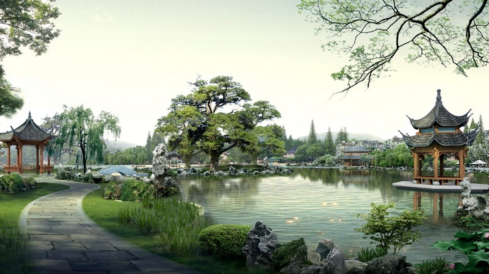 Japanese garden with pond and pagodas