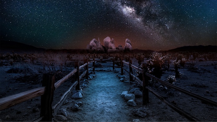 Desert landscape under the Milky Way at night