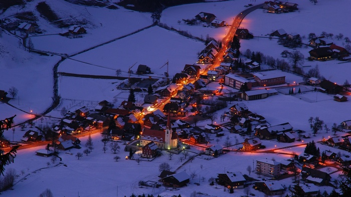 Winter town in Marbach, Germany at dusk