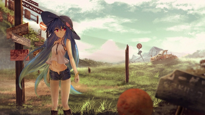 Hinanawi Tenshi standing in a post-apocalyptic landscape