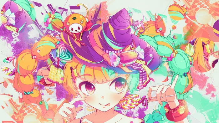 Girl with colorful twintails and lollipop hat