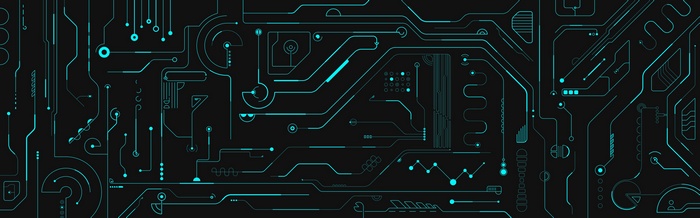 Abstract digital art of glowing blue circuits on a black background