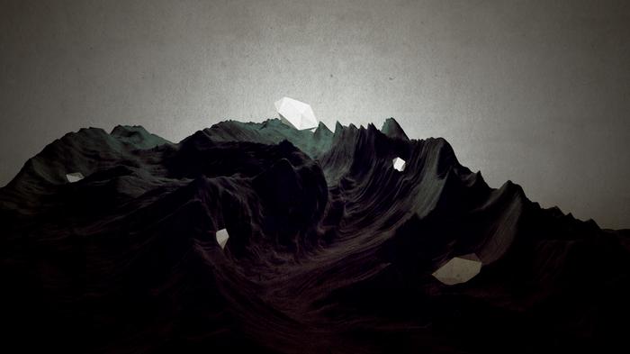 Dark digital art of abstract mountains with geometric shapes
