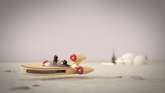 Star Wars low poly artwork with Jawas on a speeder