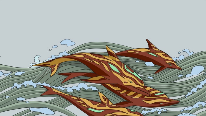 Dolphins swimming in stylized waves