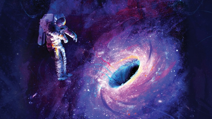 Astronaut near a colorful black hole in space