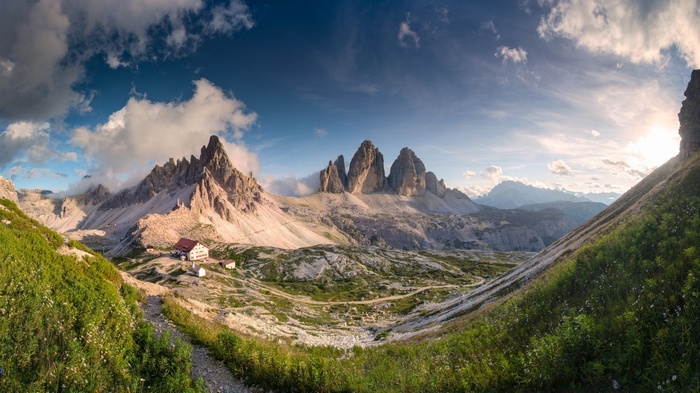 Tre Cime di Lavaredo mountains with a rifugio