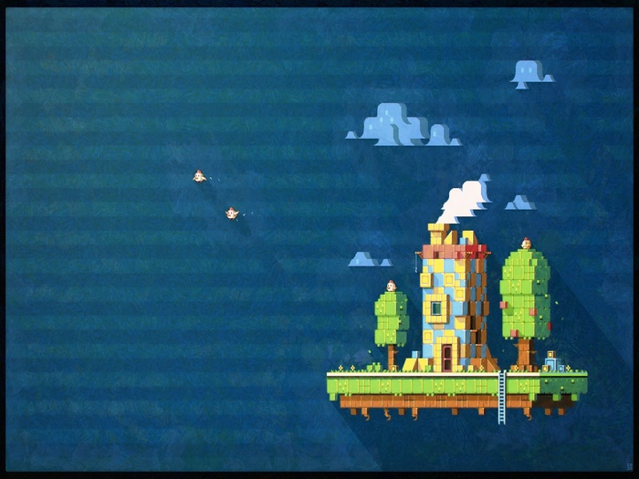 Pixel art of a floating island with a house and trees