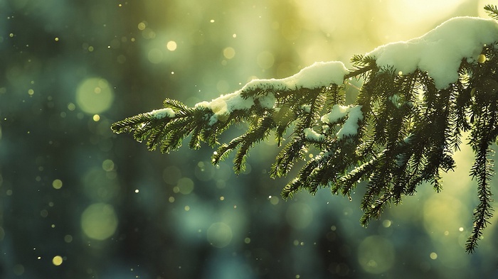 Snowy pine branch with falling snow
