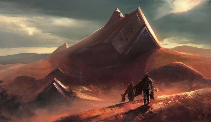 Two figures walk towards a massive pyramid in a desert landscape