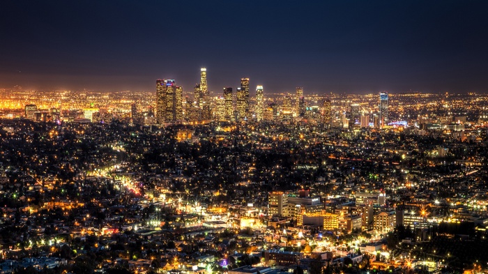Los Angeles skyline at night from a high vantage point