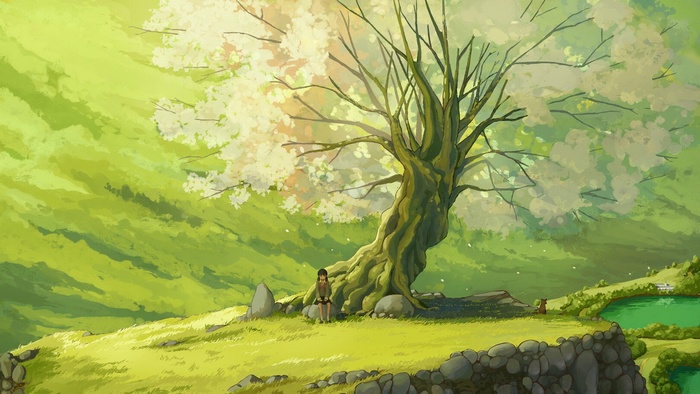 A girl and a fox sit under a large tree