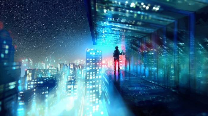 Artwork by Yuumei: Night Cityscape with Stars