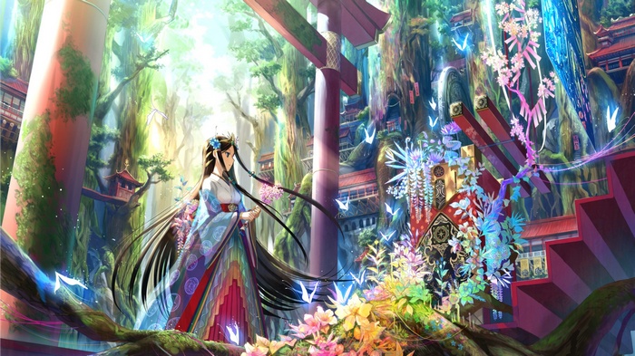 moss, nature, landscape, long hair, tiaras, blue eyes, stairs, Asian architecture, flowers, trees, miko, original characters, torii, fantasy girl, hair ornament, black hair, Fuji Choko, sunlight, manga, forest, lotus flowers, kimono