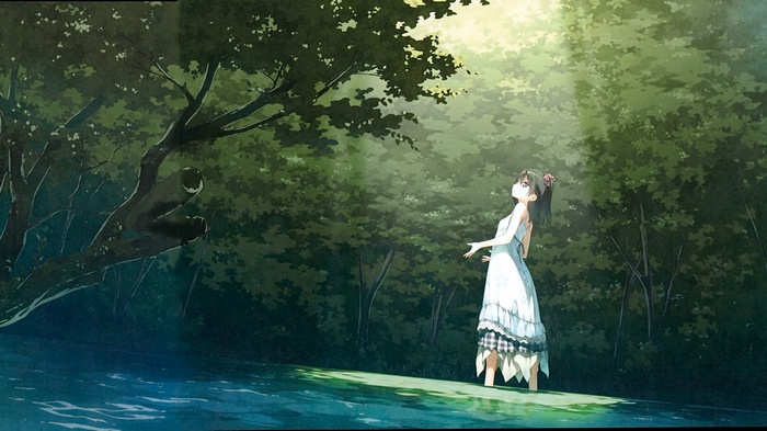 Shizuku (Kantoku) in a white dress in a forest