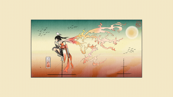 Sendai from KanColle with a bird and fiery trails