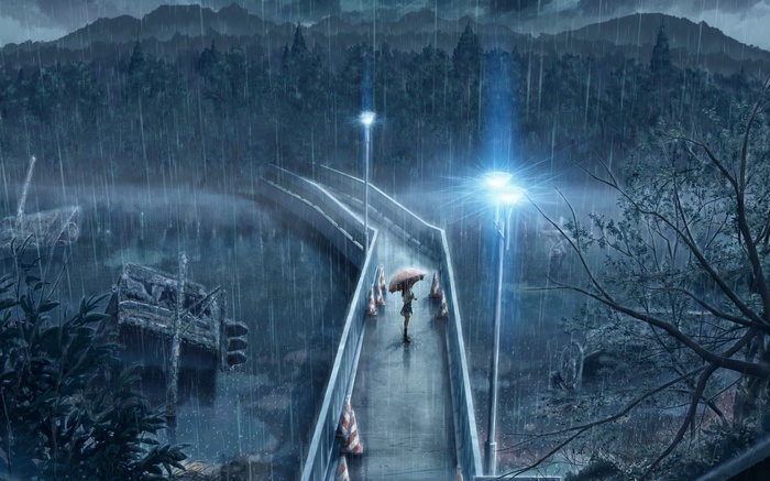 A person with an umbrella on a bridge in the rain
