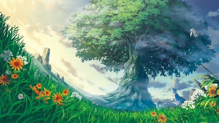 trees, landscape, original characters, mana tree