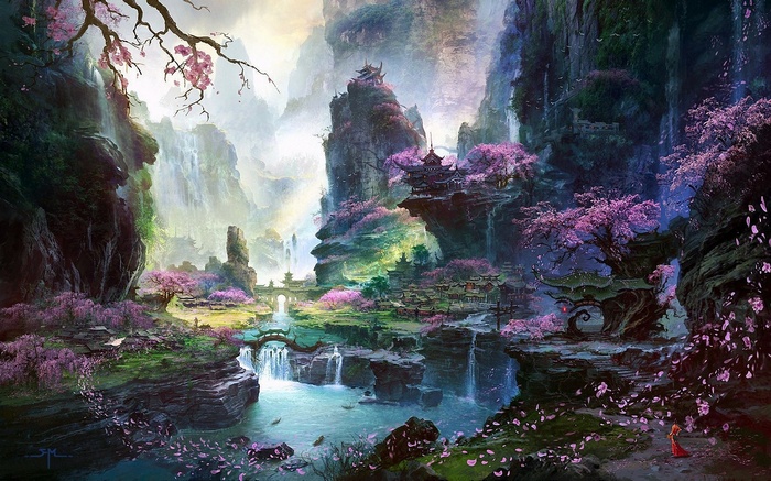 Oriental landscape with cherry blossom trees and waterfalls