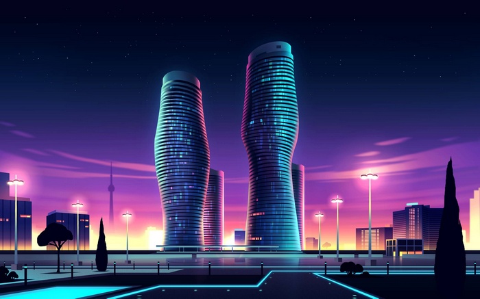 Futuristic cityscape at night with glowing skyscrapers