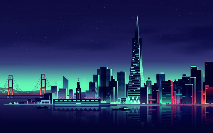 San Francisco cityscape at night with Golden Gate Bridge