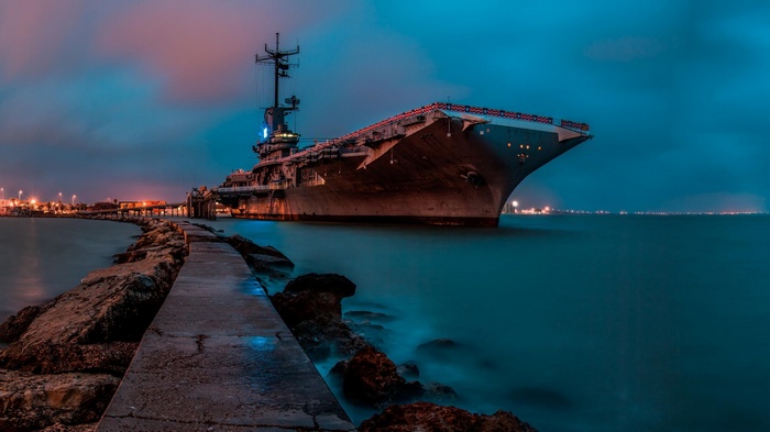 USS Lexington aircraft carrier at dusk