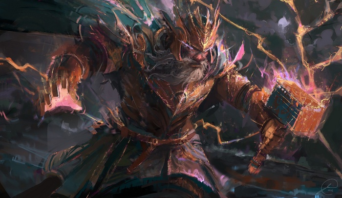 Thor wielding a hammer with lightning