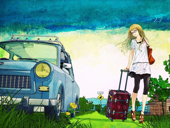 Anime girl with suitcase and Trabant car on a road trip