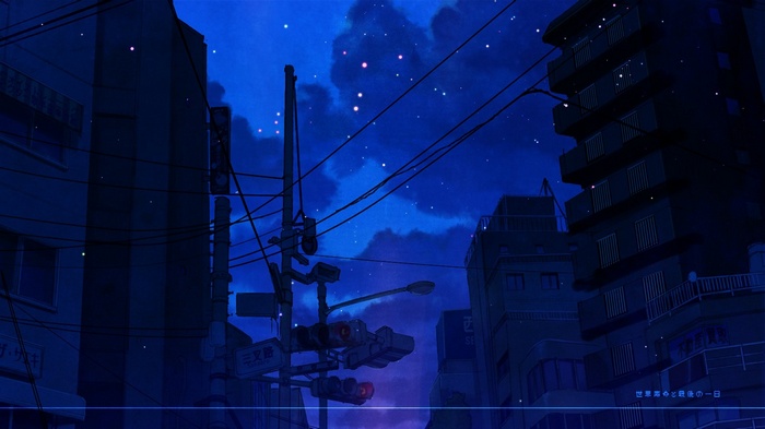 Anime city at night with stars and traffic lights