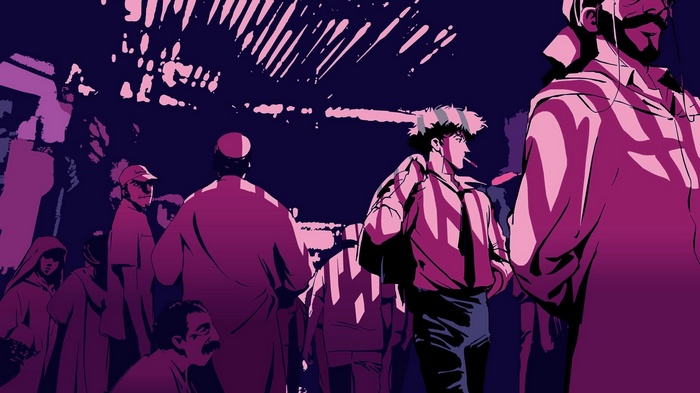 Spike Spiegel and others in Cowboy Bebop anime artwork